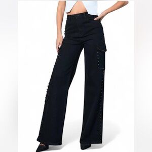 VBRT Pearl High Rise Wide Leg Black Denim Cargo